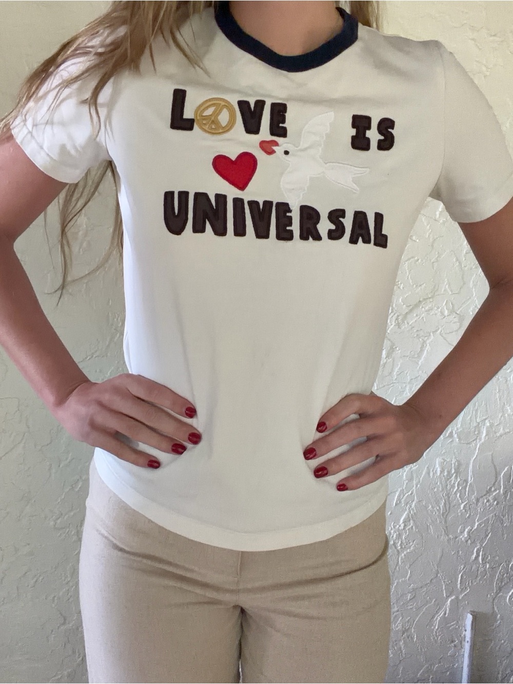 Tory Burch White Ringer Tee with Red Heart & Gold Peace Patch